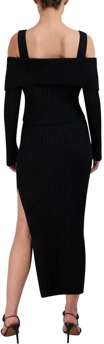 BCBGMAXAZRIA Women's Off Shoulder Long Sleeve Square Neck Two Piece Midi Sweater Dress