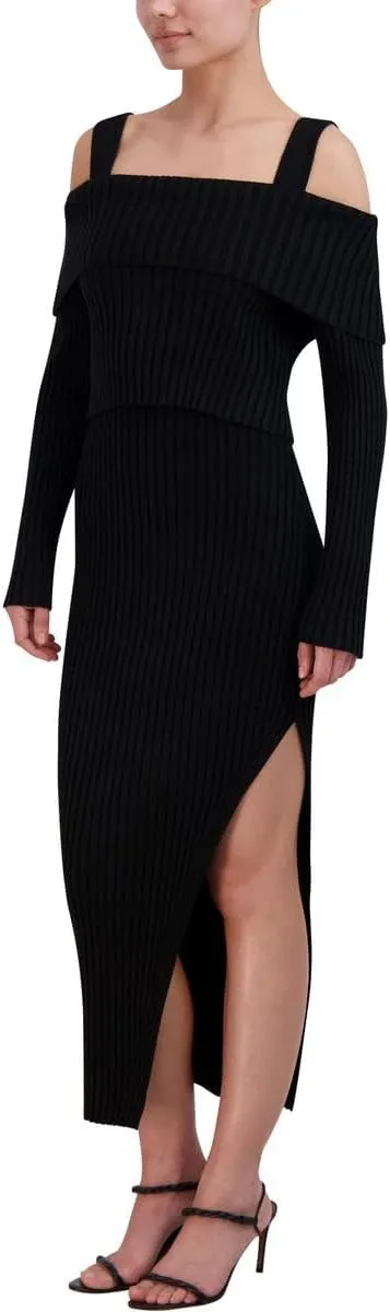 BCBGMAXAZRIA Women's Off Shoulder Long Sleeve Square Neck Two Piece Midi Sweater Dress
