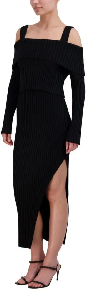 BCBGMAXAZRIA Women's Off Shoulder Long Sleeve Square Neck Two Piece Midi Sweater Dress