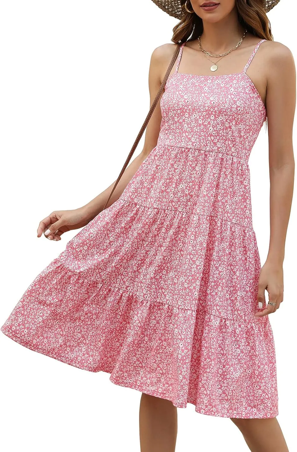 Berydress Womens Summer Dresses Spaghetti Strap Tiered Midi Dress Wedding Guest Ruffle Cotton Black Casual Beach Sun Dress