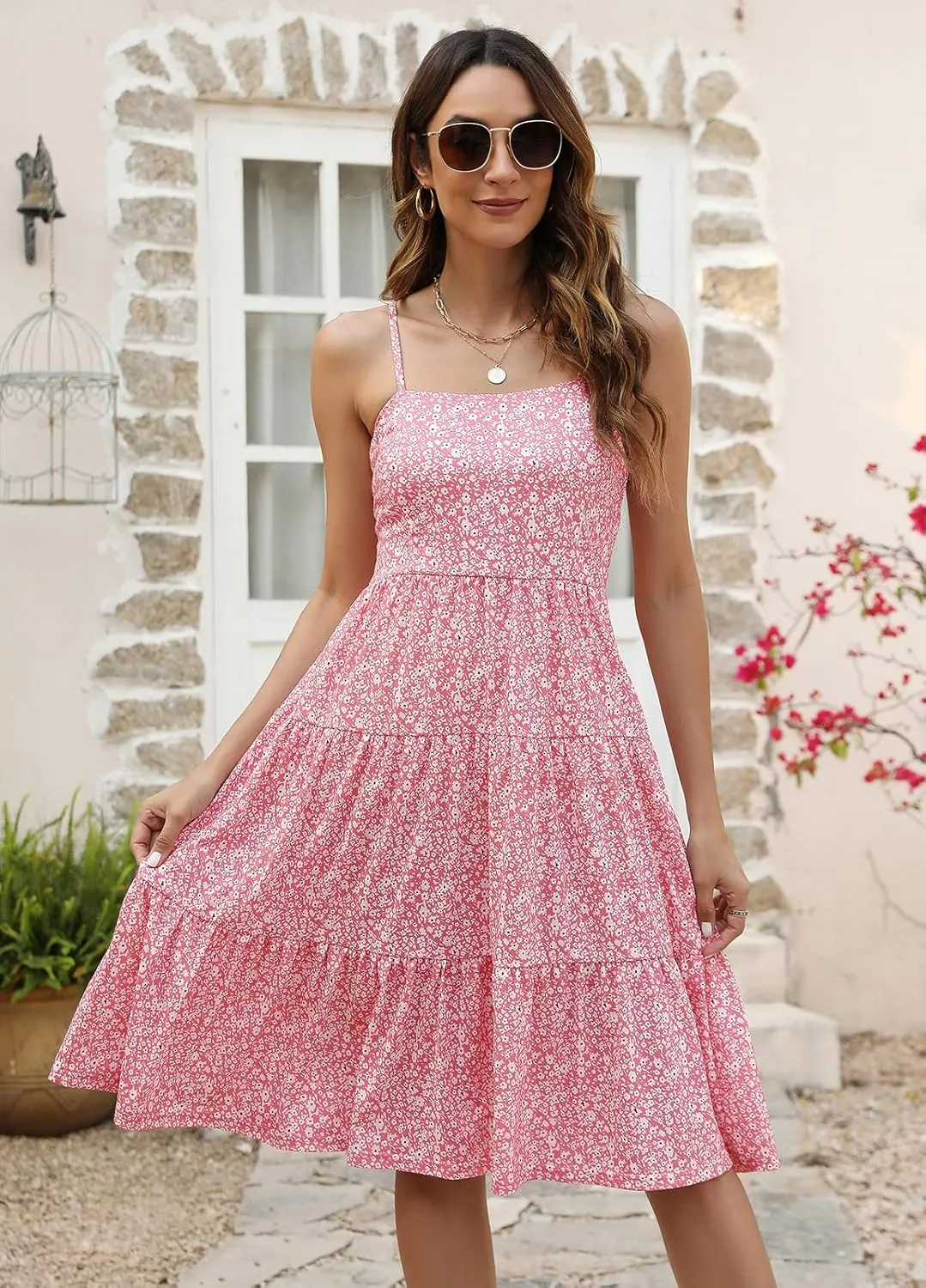 Berydress Womens Summer Dresses Spaghetti Strap Tiered Midi Dress Wedding Guest Ruffle Cotton Black Casual Beach Sun Dress