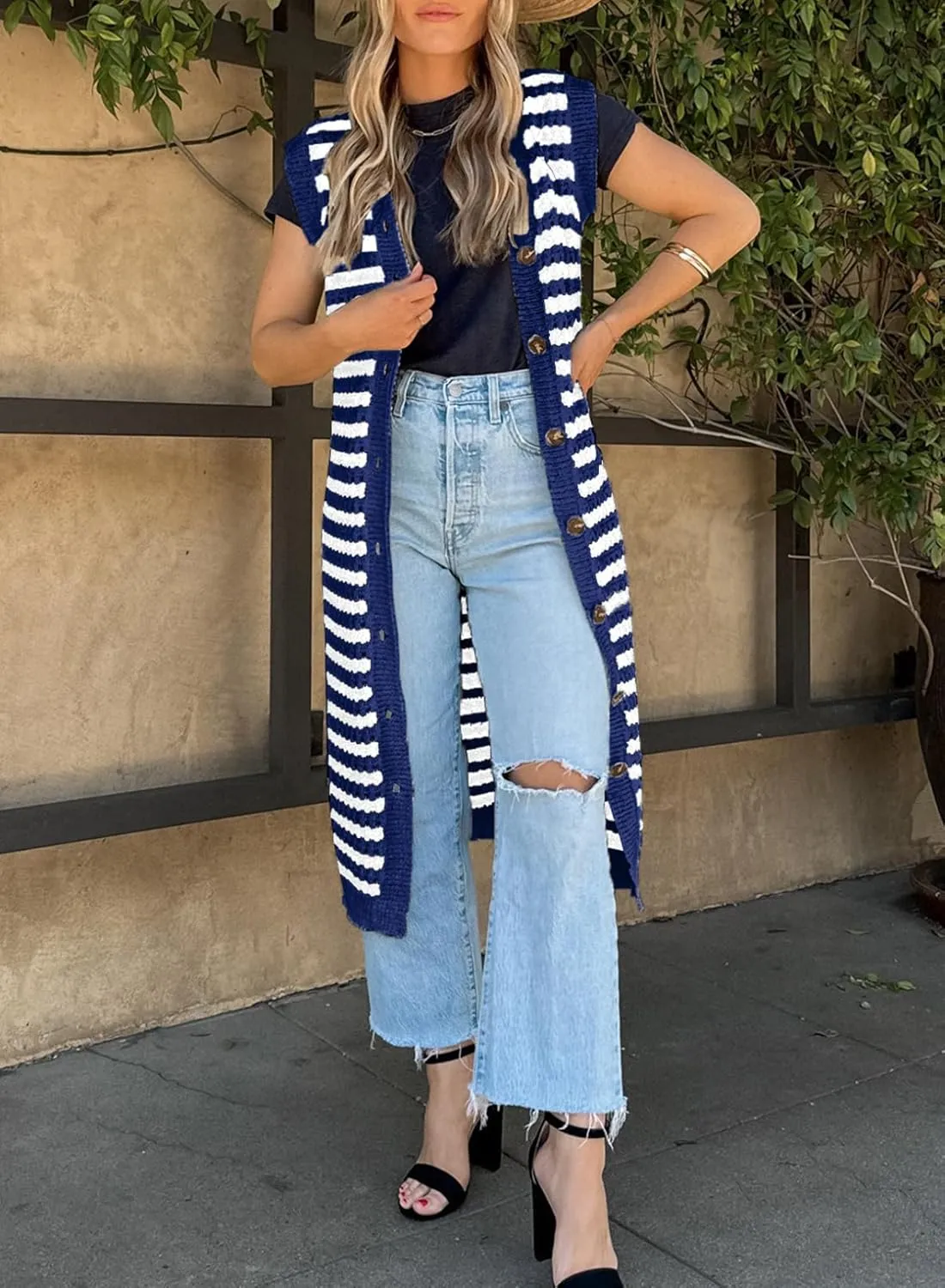 BLENCOT Women's V Neck Striped Summer Tank Dress Causal Sleeveless Button Cardigan Midi Cover Up Dresses