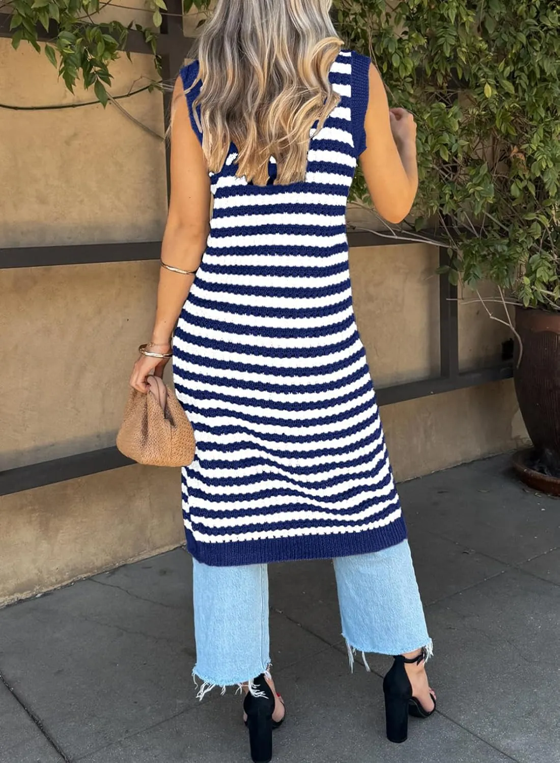 BLENCOT Women's V Neck Striped Summer Tank Dress Causal Sleeveless Button Cardigan Midi Cover Up Dresses