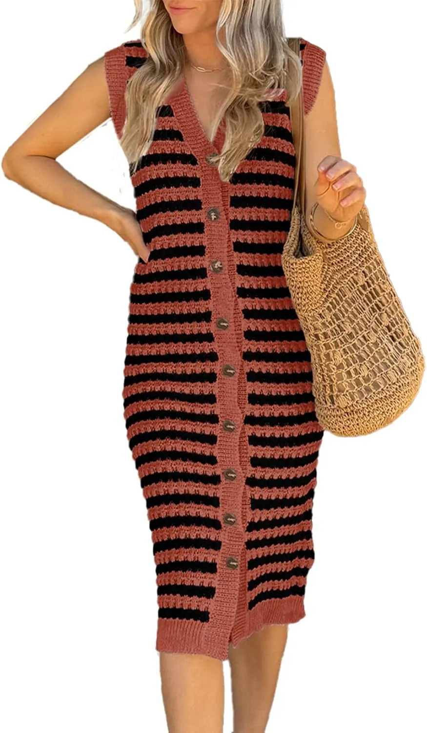 BLENCOT Women's V Neck Striped Summer Tank Dress Causal Sleeveless Button Cardigan Midi Cover Up Dresses