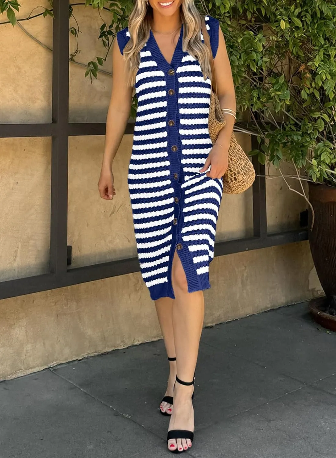 BLENCOT Women's V Neck Striped Summer Tank Dress Causal Sleeveless Button Cardigan Midi Cover Up Dresses