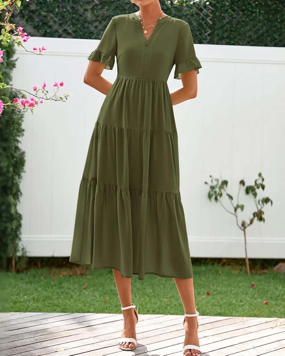 BTFBM Summer Dresses for Women 2025 Vacation V Neck Ruffle Short Sleeve A Line Tiered Flowy Casual Midi Beach Dress