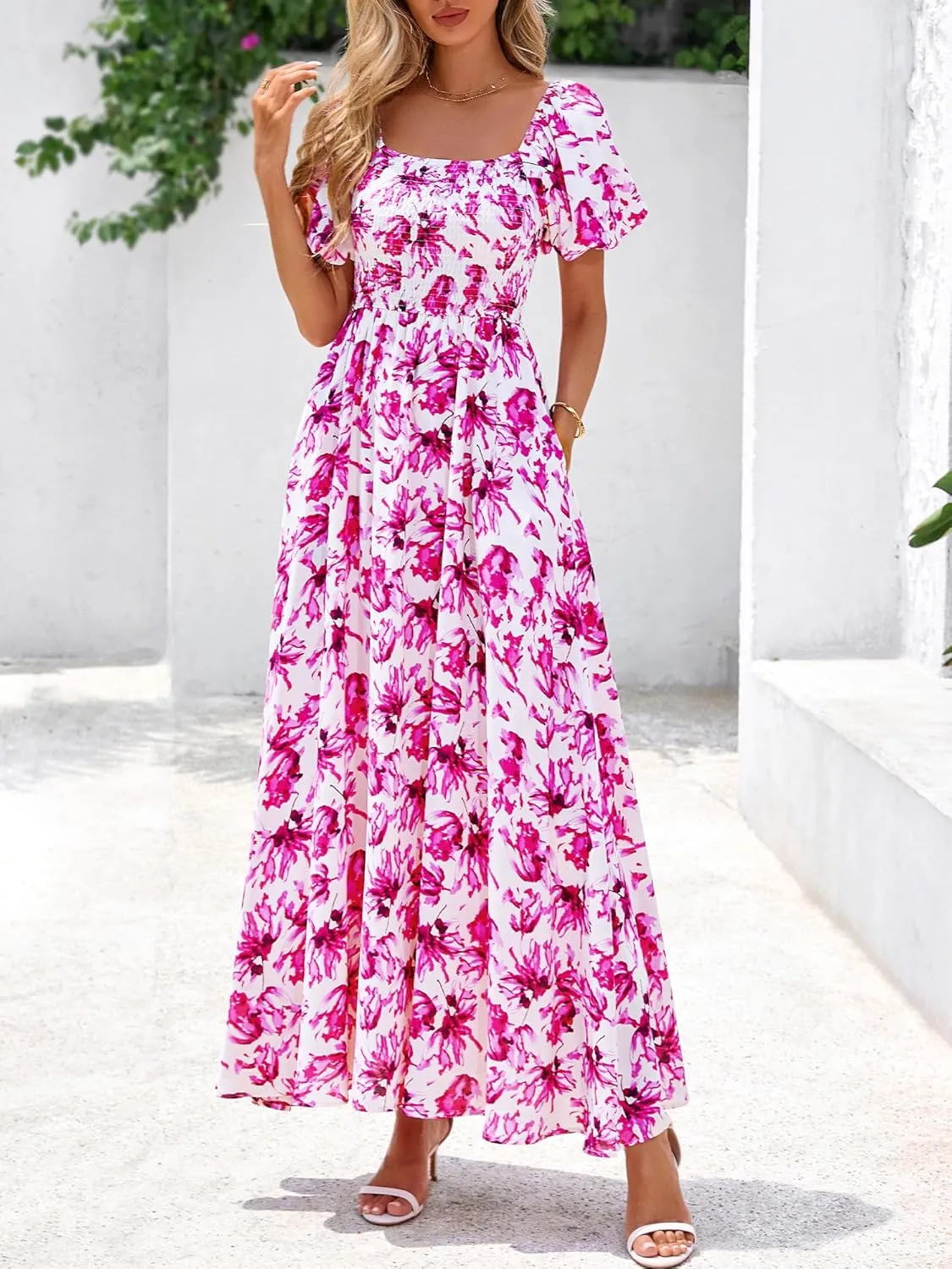 BTFBM Womens Summer 2025 Casual Maxi Dresses Short Sleeve Smocked Tiered Floral Boho Long Beach Dress with Pockets