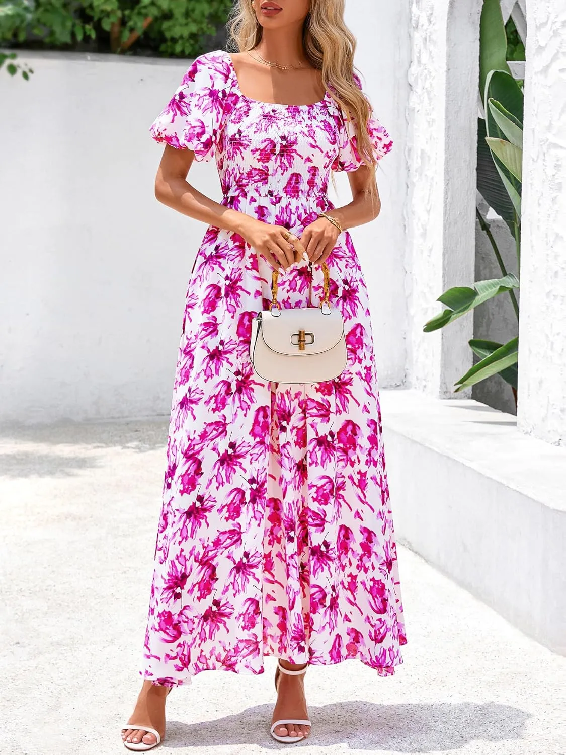 BTFBM Womens Summer 2025 Casual Maxi Dresses Short Sleeve Smocked Tiered Floral Boho Long Beach Dress with Pockets