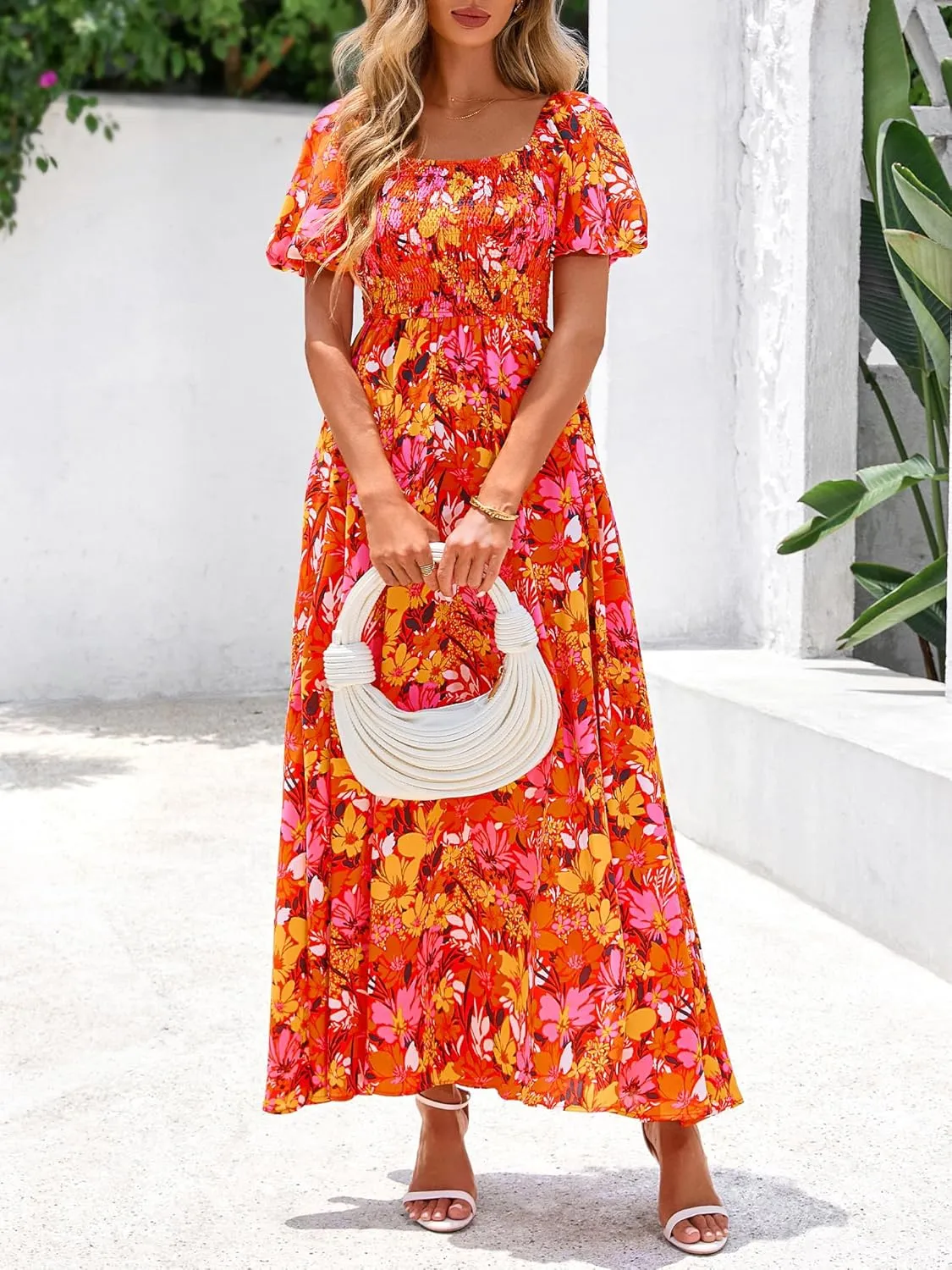BTFBM Womens Summer 2025 Casual Maxi Dresses Short Sleeve Smocked Tiered Floral Boho Long Beach Dress with Pockets