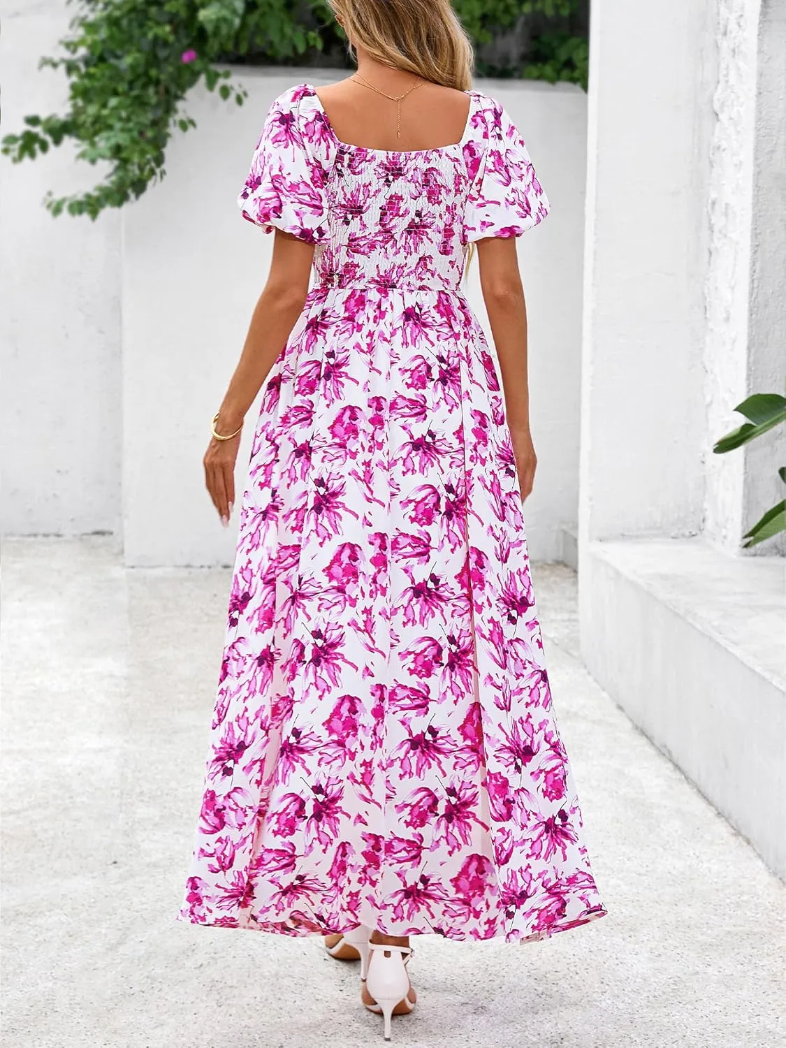 BTFBM Womens Summer 2025 Casual Maxi Dresses Short Sleeve Smocked Tiered Floral Boho Long Beach Dress with Pockets