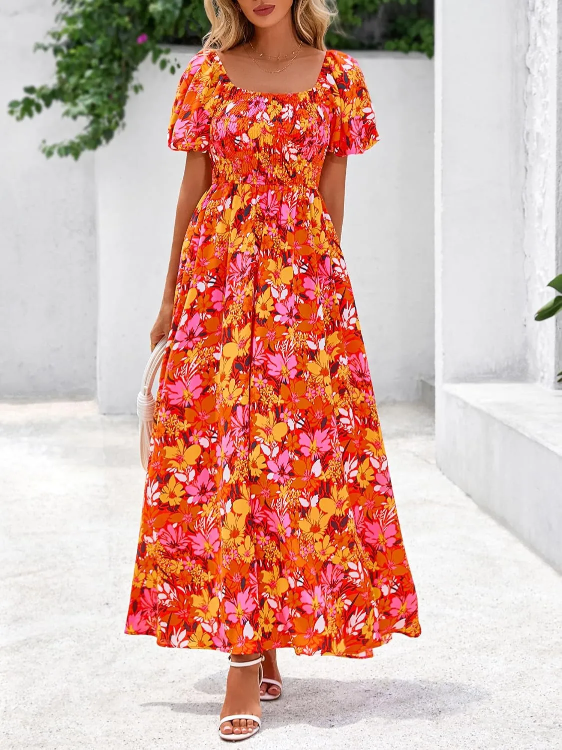 BTFBM Womens Summer 2025 Casual Maxi Dresses Short Sleeve Smocked Tiered Floral Boho Long Beach Dress with Pockets