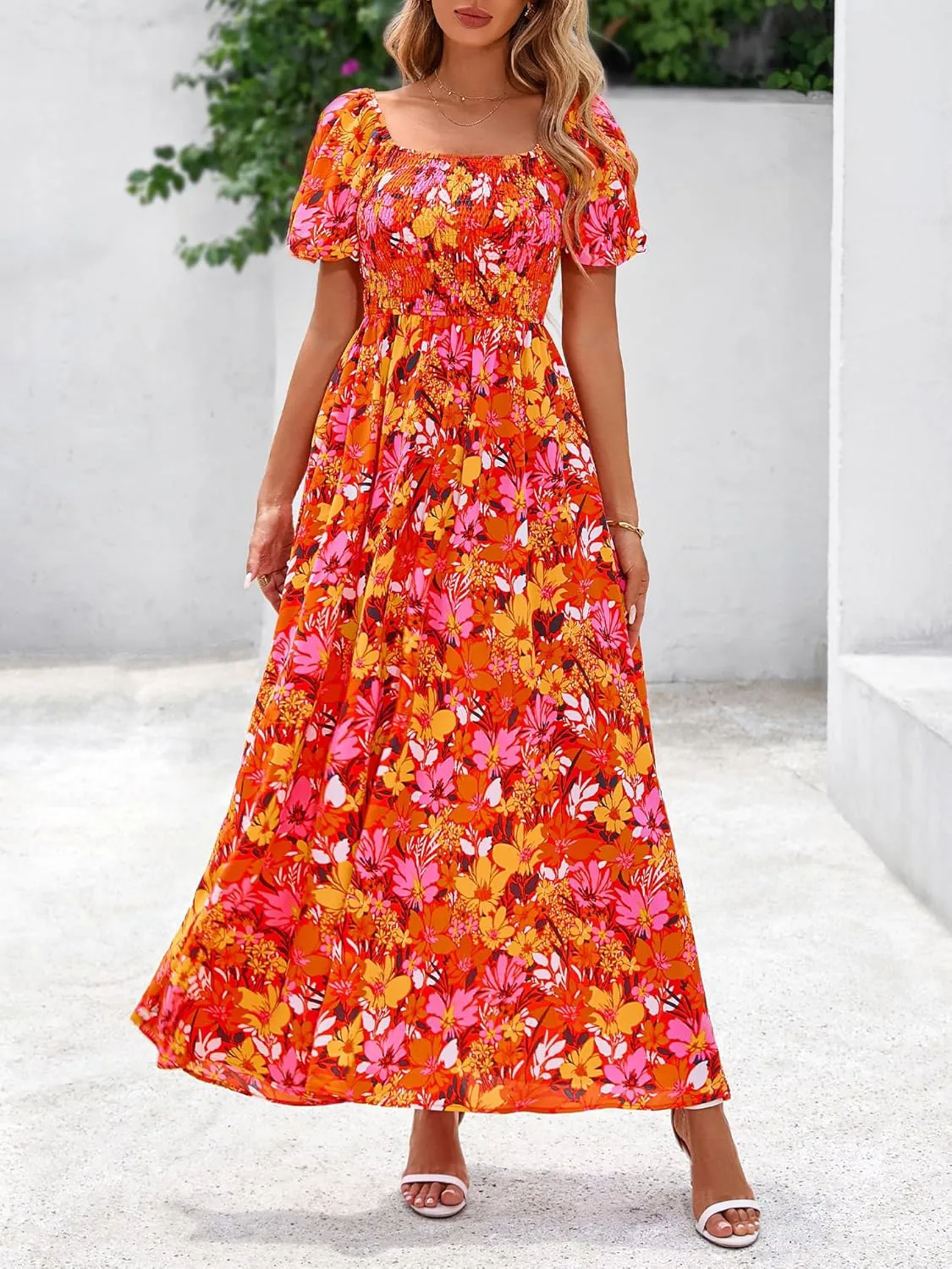 BTFBM Womens Summer 2025 Casual Maxi Dresses Short Sleeve Smocked Tiered Floral Boho Long Beach Dress with Pockets