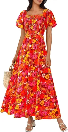 BTFBM Womens Summer 2025 Casual Maxi Dresses Short Sleeve Smocked Tiered Floral Boho Long Beach Dress with Pockets