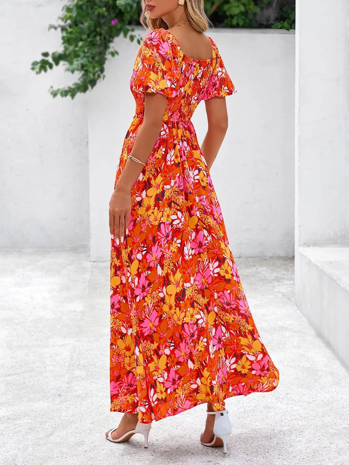 BTFBM Womens Summer 2025 Casual Maxi Dresses Short Sleeve Smocked Tiered Floral Boho Long Beach Dress with Pockets