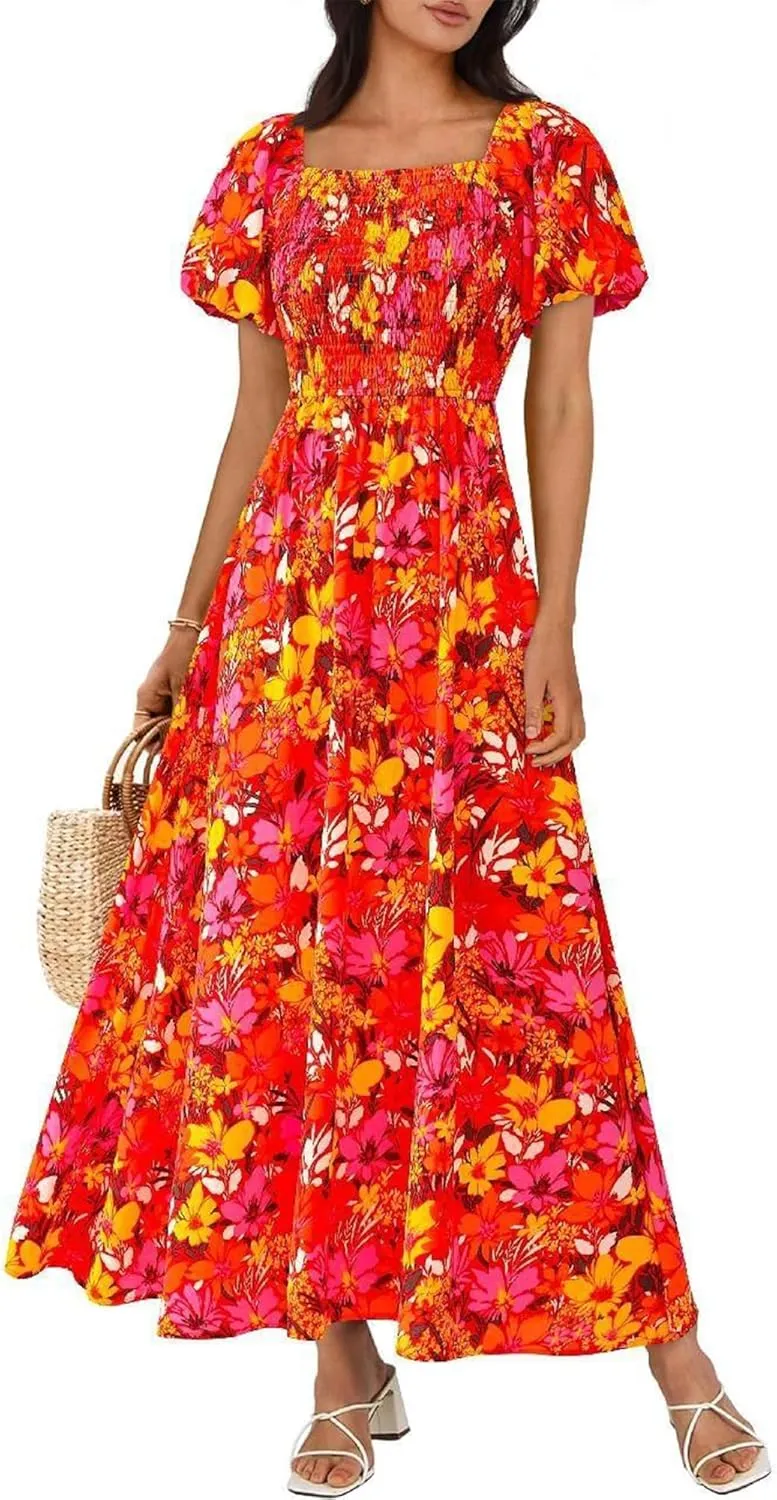 BTFBM Womens Summer 2025 Casual Maxi Dresses Short Sleeve Smocked Tiered Floral Boho Long Beach Dress with Pockets