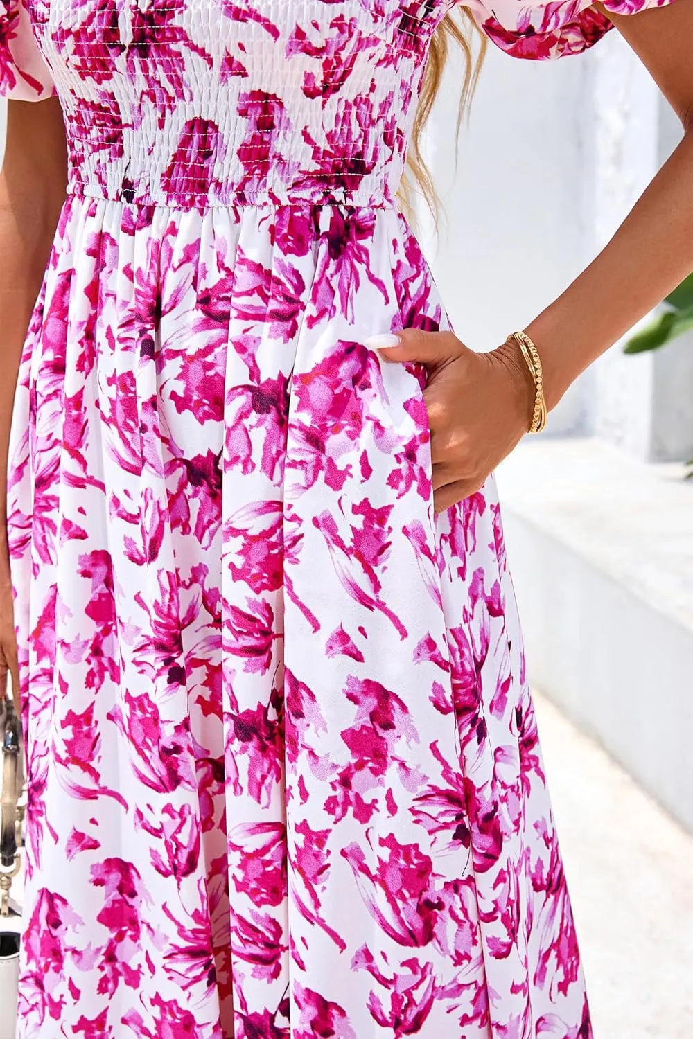 BTFBM Womens Summer 2025 Casual Maxi Dresses Short Sleeve Smocked Tiered Floral Boho Long Beach Dress with Pockets