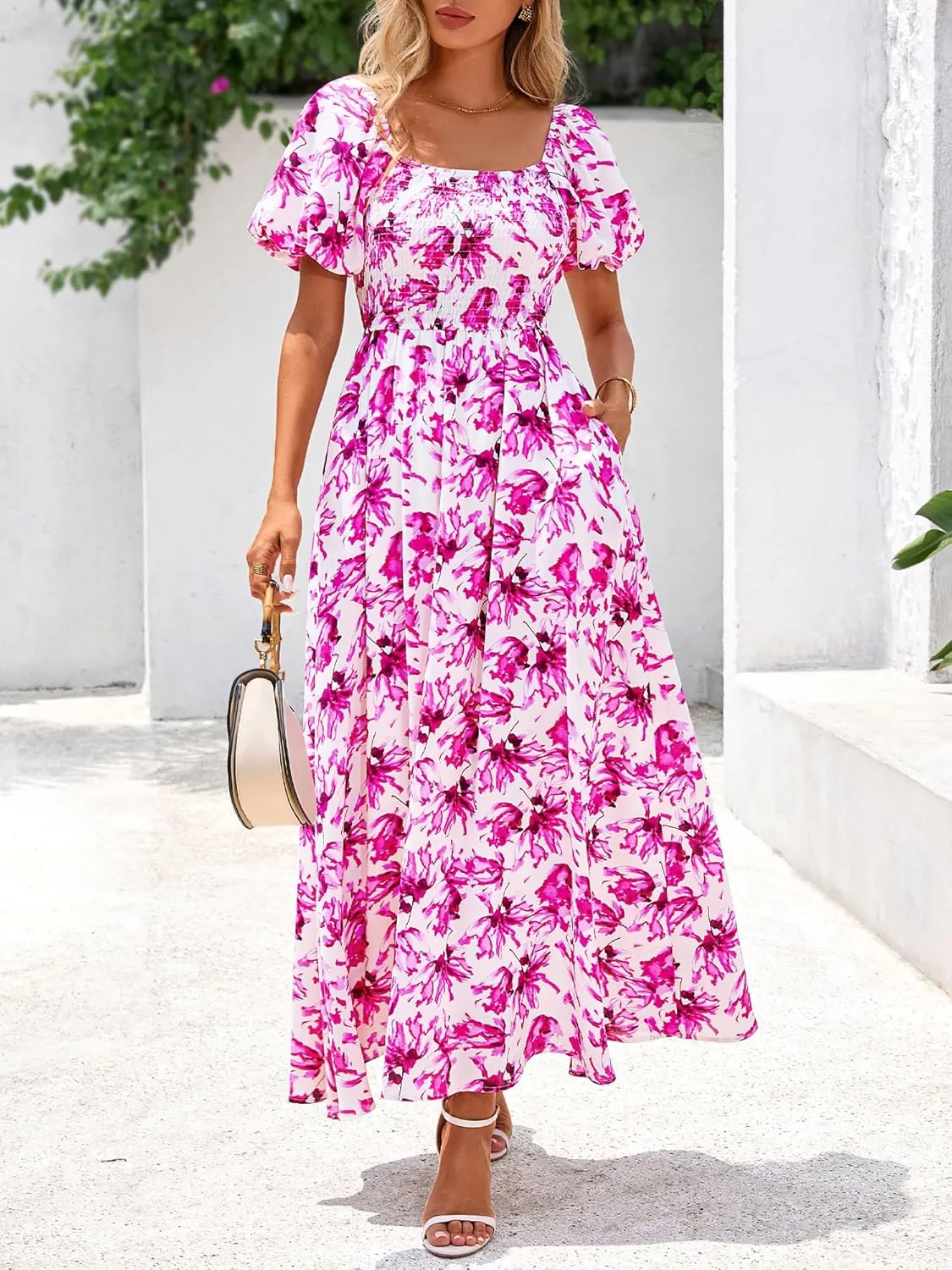 BTFBM Womens Summer 2025 Casual Maxi Dresses Short Sleeve Smocked Tiered Floral Boho Long Beach Dress with Pockets