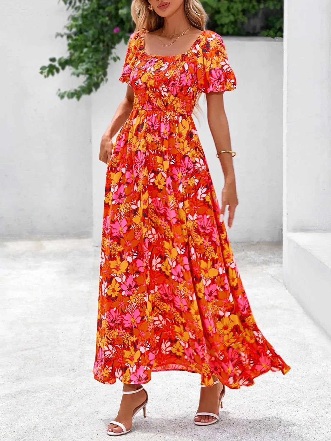 BTFBM Womens Summer 2025 Casual Maxi Dresses Short Sleeve Smocked Tiered Floral Boho Long Beach Dress with Pockets