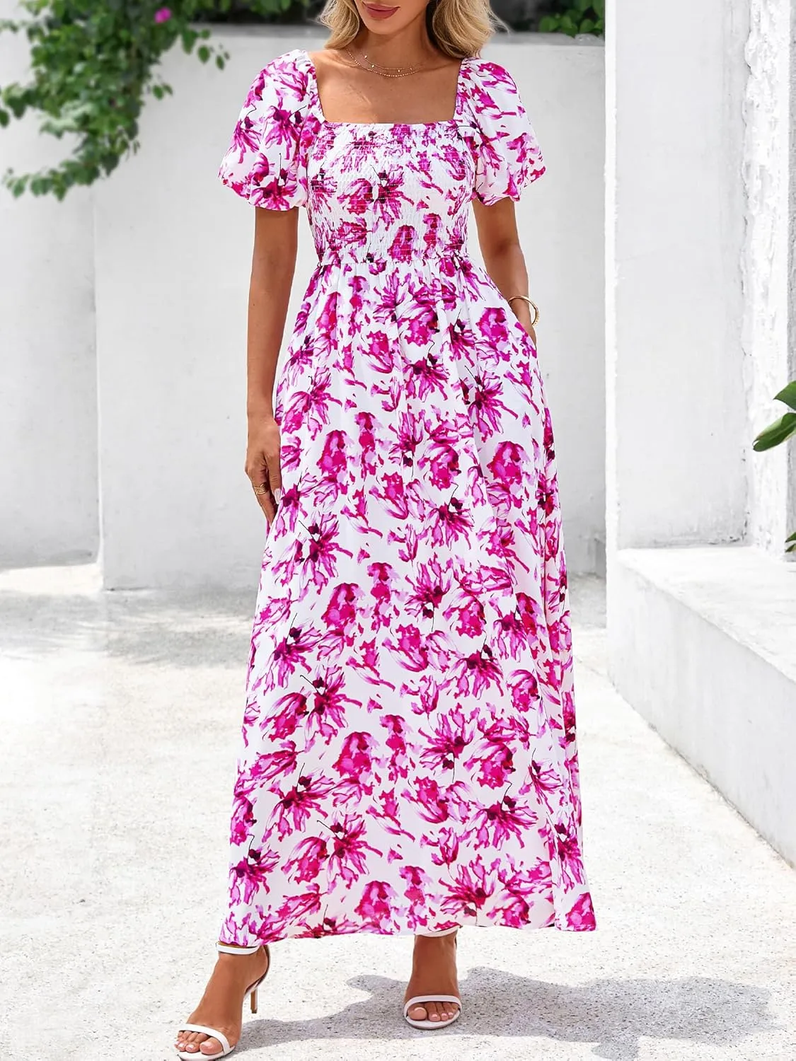 BTFBM Womens Summer 2025 Casual Maxi Dresses Short Sleeve Smocked Tiered Floral Boho Long Beach Dress with Pockets