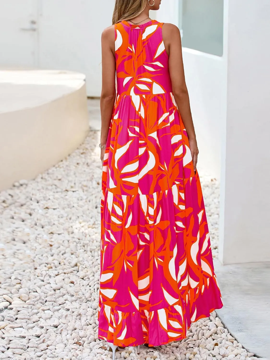 BTFBM Womens Summer Maxi Dresses 2025 Casual Sleeveless V Neck Loose Fit Floral Boho Dress Beach Long Sundress