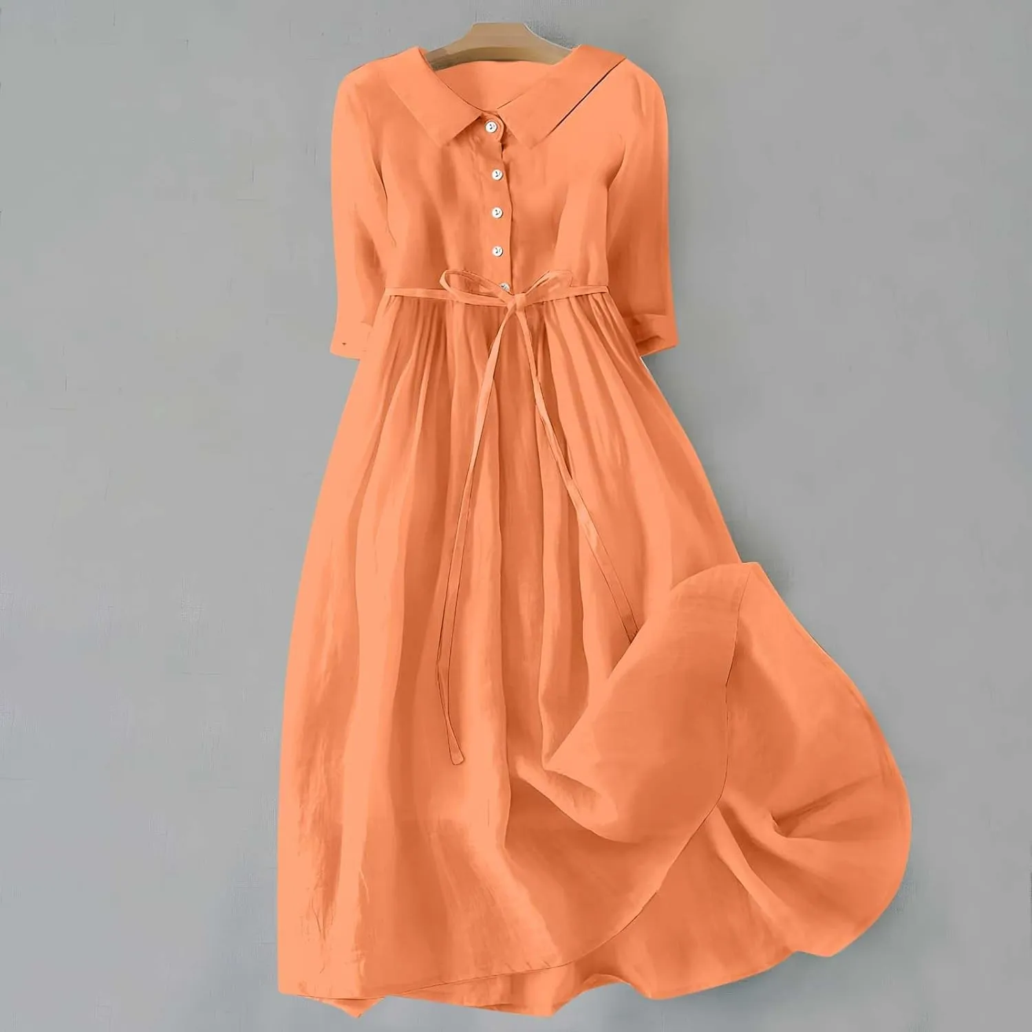 Ceboyel Women Bohemian Cotton Linen Dresses 3/4 Sleeve Maxi Long Dress Plain Classic Dresses Trendy Boho Dresses with Belt