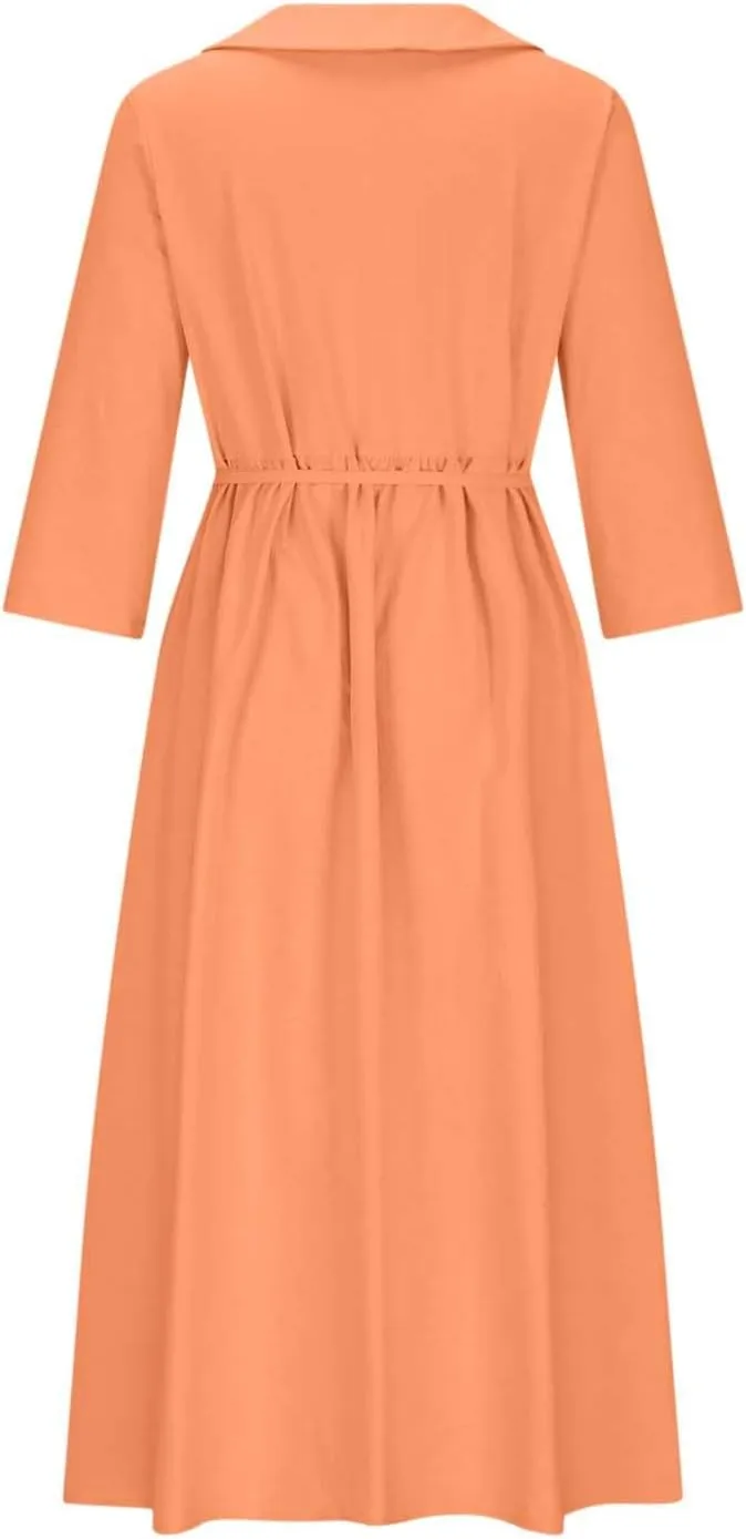 Ceboyel Women Bohemian Cotton Linen Dresses 3/4 Sleeve Maxi Long Dress Plain Classic Dresses Trendy Boho Dresses with Belt