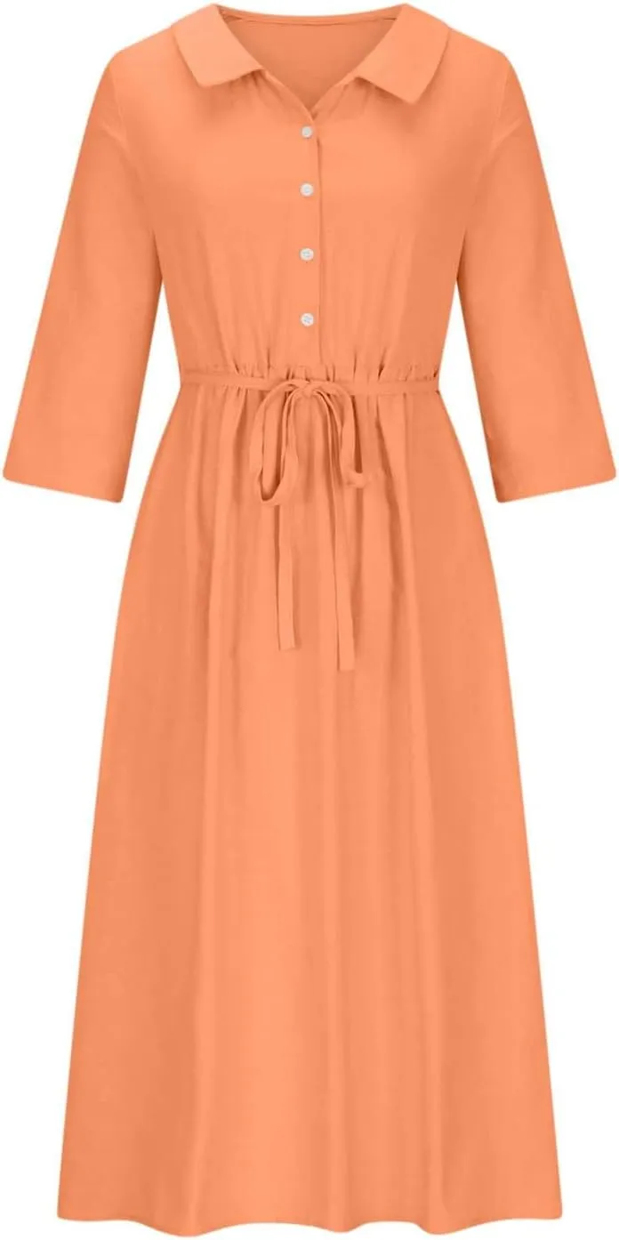 Ceboyel Women Bohemian Cotton Linen Dresses 3/4 Sleeve Maxi Long Dress Plain Classic Dresses Trendy Boho Dresses with Belt