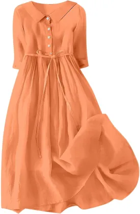Ceboyel Women Bohemian Cotton Linen Dresses 3/4 Sleeve Maxi Long Dress Plain Classic Dresses Trendy Boho Dresses with Belt