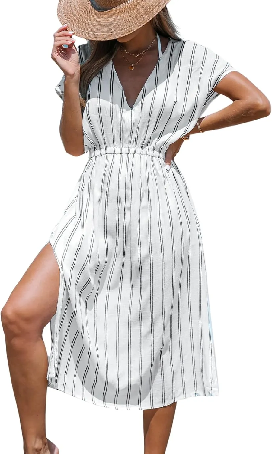 CUPSHE Women Beach Cover Up V Neck Short Sleeve Striped Midi Swimsuit Coverup Dress XS-XXL