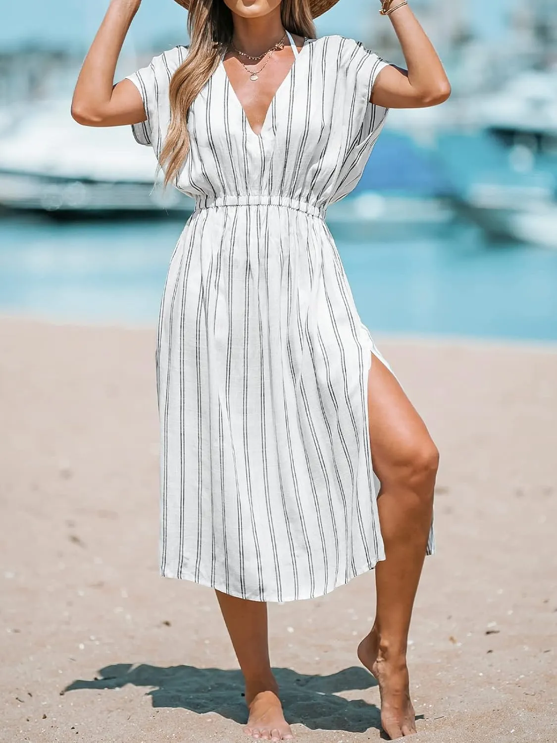 CUPSHE Women Beach Cover Up V Neck Short Sleeve Striped Midi Swimsuit Coverup Dress XS-XXL