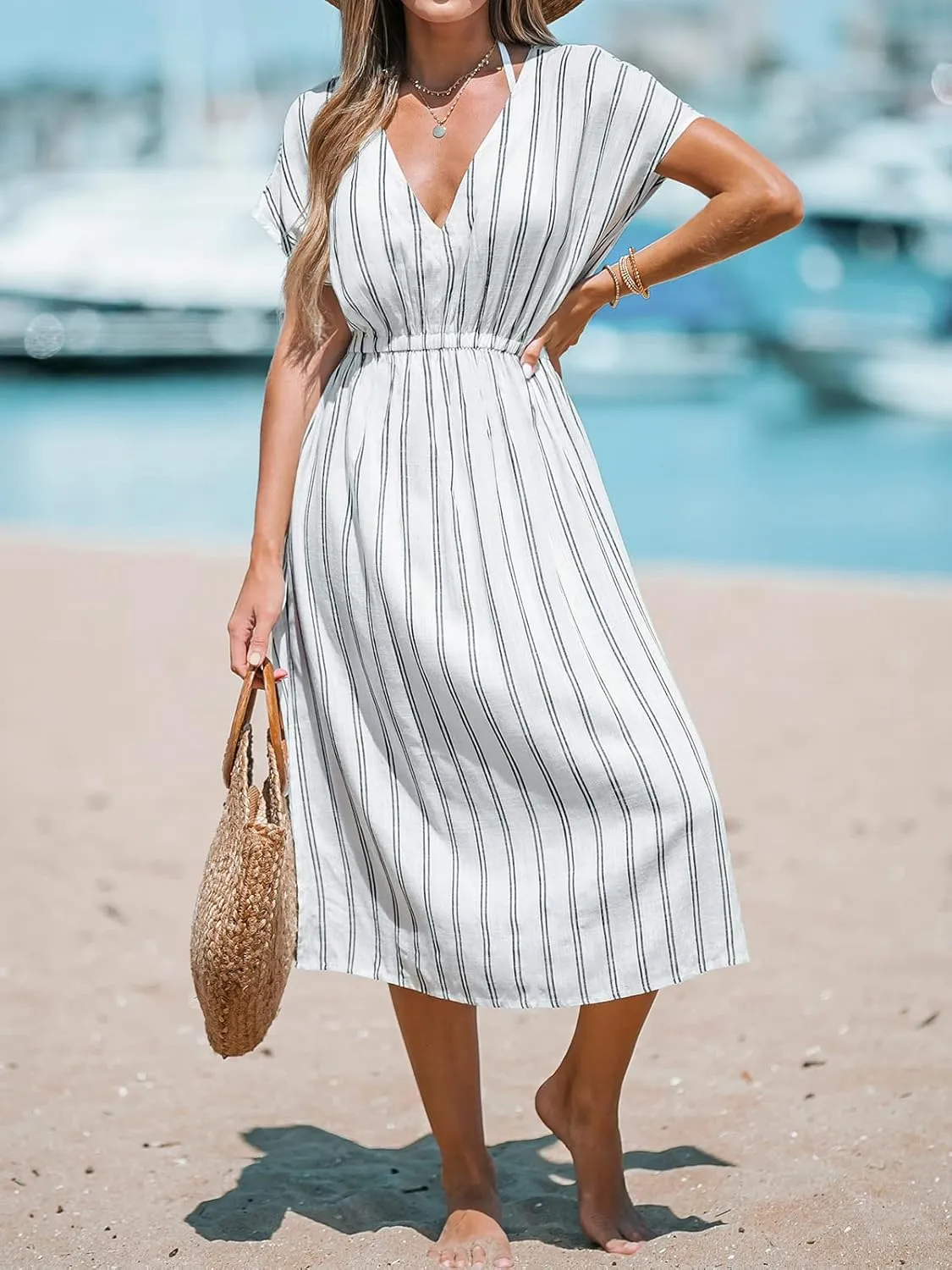 CUPSHE Women Beach Cover Up V Neck Short Sleeve Striped Midi Swimsuit Coverup Dress XS-XXL