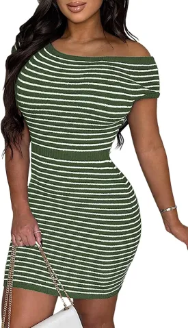 CutieLove Women's Summer Ribbed Knit Dress Striped Short Sleeve Bodycon Casual Mini Dresses