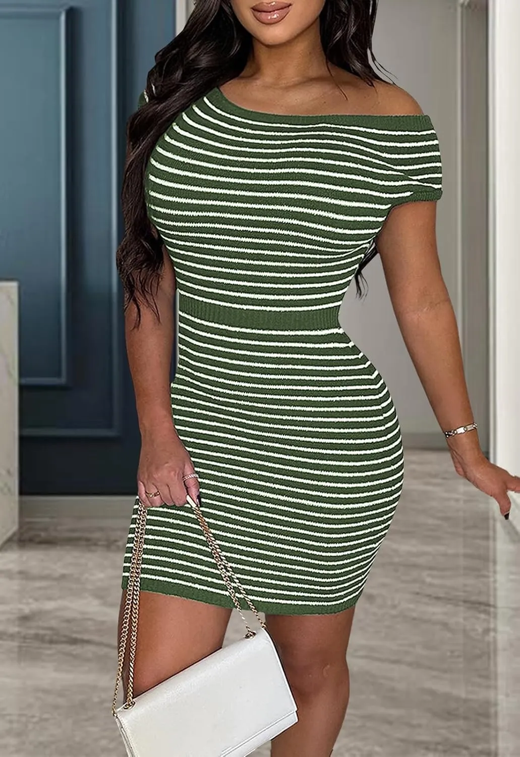 CutieLove Women's Summer Ribbed Knit Dress Striped Short Sleeve Bodycon Casual Mini Dresses