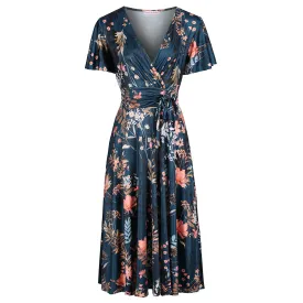 Dark Teal Green Floral Print Cap Sleeve V Neck Wrap Top Swing Dress