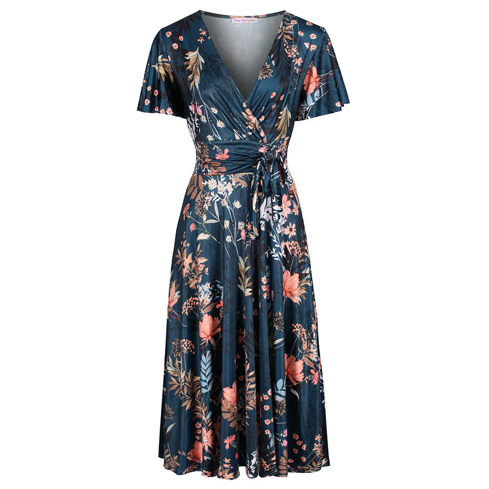 Dark Teal Green Floral Print Cap Sleeve V Neck Wrap Top Swing Dress