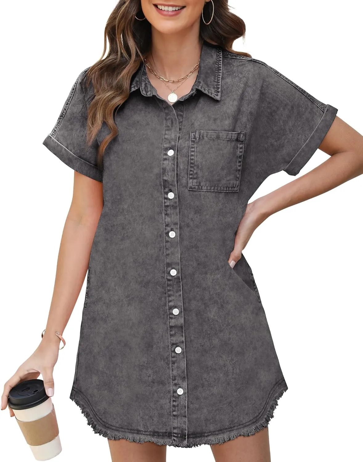 Denim Dress for Women Midi Jean Shirt Dresses Button Down Short Sleeve Summer Womens Jeans Babydoll Pockets