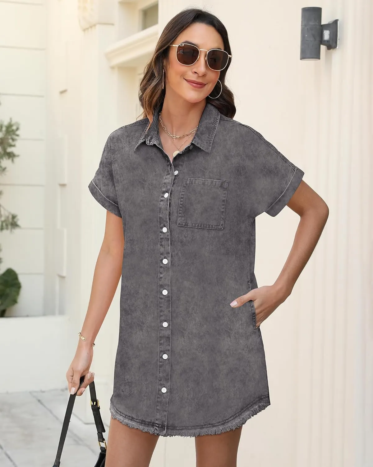 Denim Dress for Women Midi Jean Shirt Dresses Button Down Short Sleeve Summer Womens Jeans Babydoll Pockets