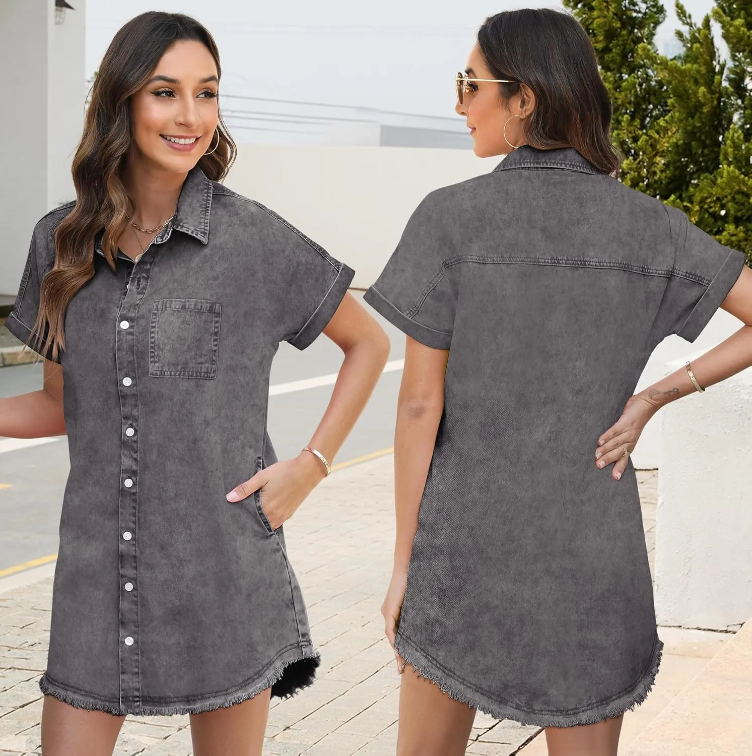 Denim Dress for Women Midi Jean Shirt Dresses Button Down Short Sleeve Summer Womens Jeans Babydoll Pockets