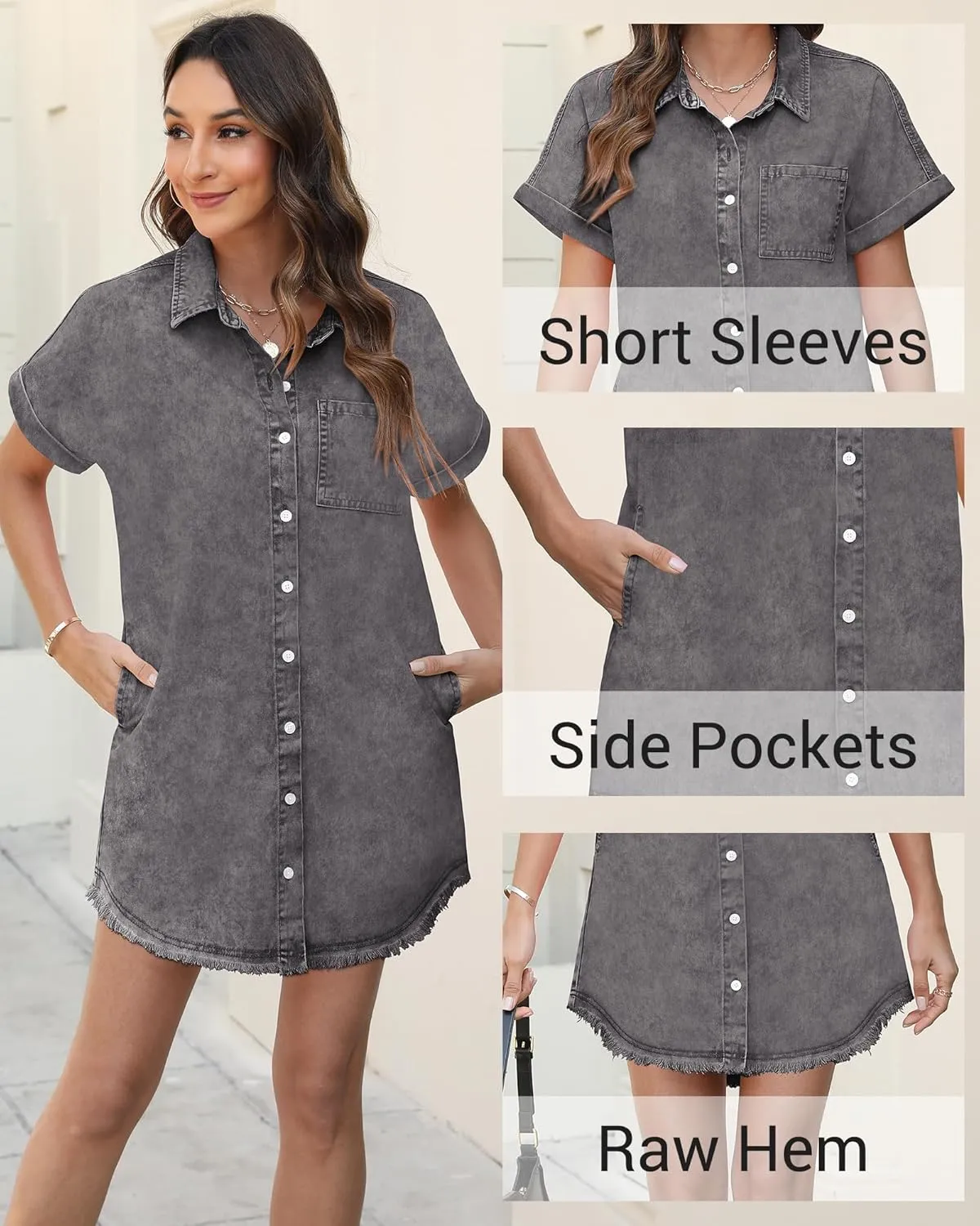 Denim Dress for Women Midi Jean Shirt Dresses Button Down Short Sleeve Summer Womens Jeans Babydoll Pockets