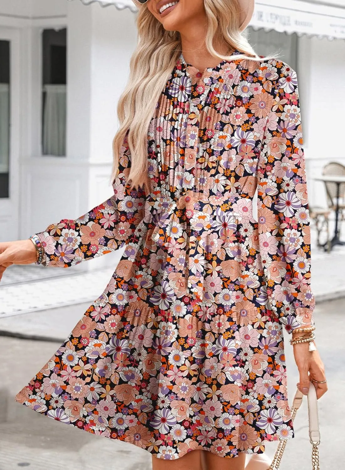 Dokotoo Womens Floral Boho Dress 2025 Spring Summer Casual Crewneck Button Long Sleeve Empire Waist Belted Flowy Mini Dress