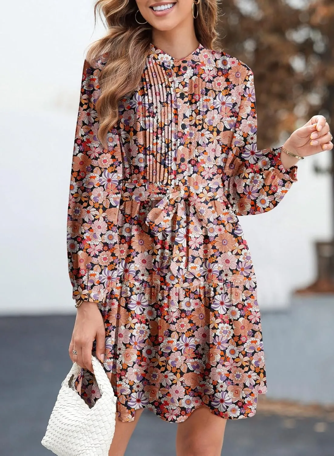 Dokotoo Womens Floral Boho Dress 2025 Spring Summer Casual Crewneck Button Long Sleeve Empire Waist Belted Flowy Mini Dress