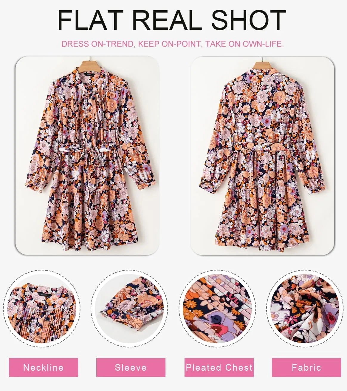 Dokotoo Womens Floral Boho Dress 2025 Spring Summer Casual Crewneck Button Long Sleeve Empire Waist Belted Flowy Mini Dress