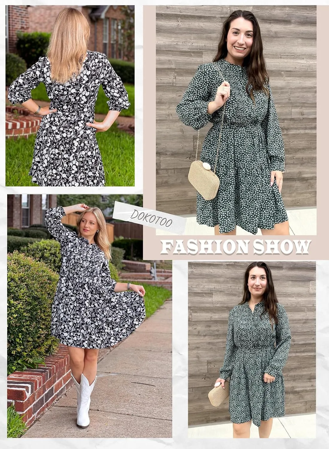 Dokotoo Womens Floral Boho Dress 2025 Spring Summer Casual Crewneck Button Long Sleeve Empire Waist Belted Flowy Mini Dress