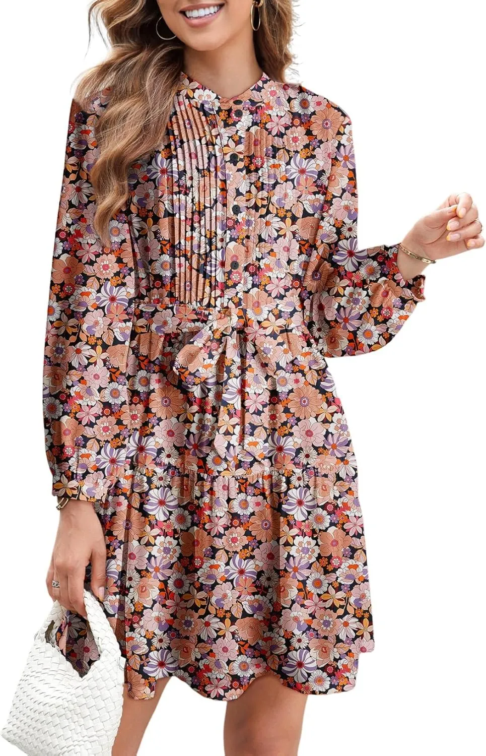 Dokotoo Womens Floral Boho Dress 2025 Spring Summer Casual Crewneck Button Long Sleeve Empire Waist Belted Flowy Mini Dress