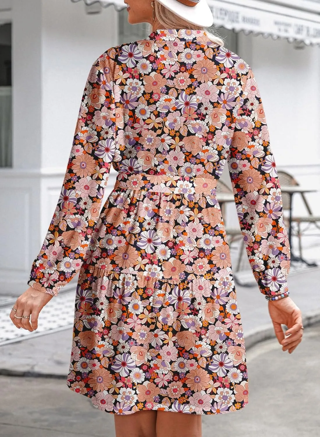 Dokotoo Womens Floral Boho Dress 2025 Spring Summer Casual Crewneck Button Long Sleeve Empire Waist Belted Flowy Mini Dress