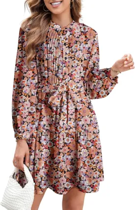 Dokotoo Womens Floral Boho Dress 2025 Spring Summer Casual Crewneck Button Long Sleeve Empire Waist Belted Flowy Mini Dress
