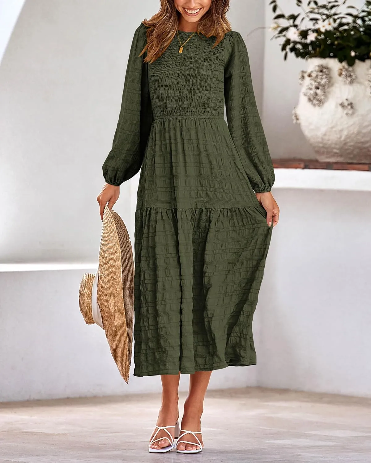 dowerme Women's Dresses 2025 Fall Puff Long Sleeve Crewneck Smocked Tiered Flowy A-Line Boho Wedding Party Maxi Dress