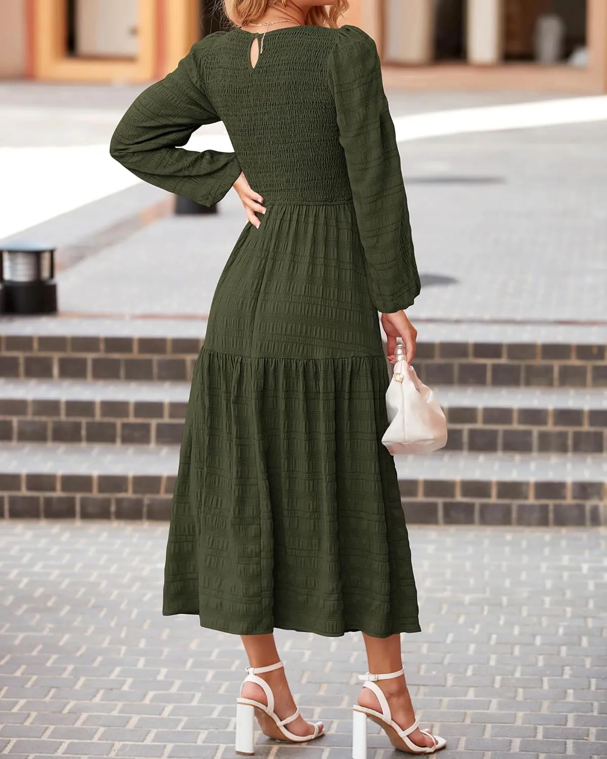 dowerme Women's Dresses 2025 Fall Puff Long Sleeve Crewneck Smocked Tiered Flowy A-Line Boho Wedding Party Maxi Dress