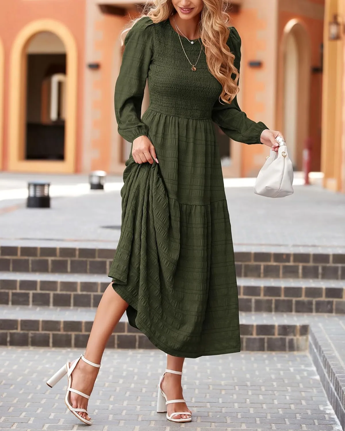 dowerme Women's Dresses 2025 Fall Puff Long Sleeve Crewneck Smocked Tiered Flowy A-Line Boho Wedding Party Maxi Dress