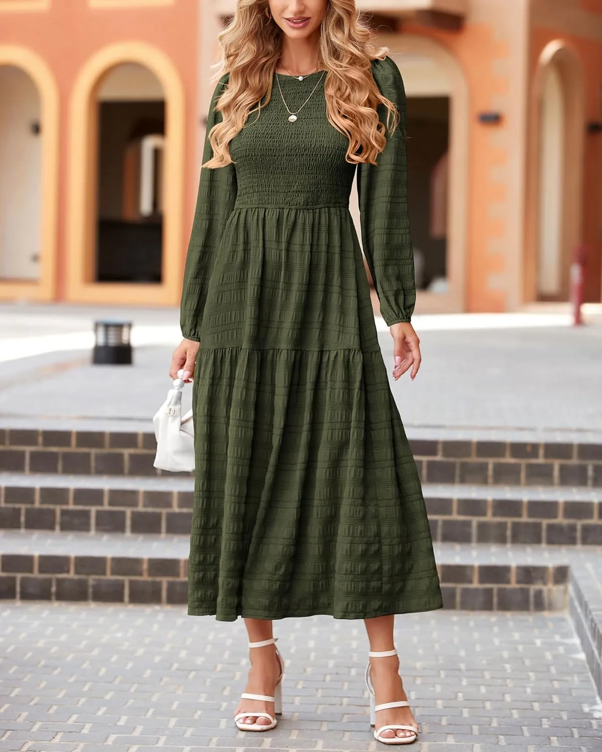 dowerme Women's Dresses 2025 Fall Puff Long Sleeve Crewneck Smocked Tiered Flowy A-Line Boho Wedding Party Maxi Dress